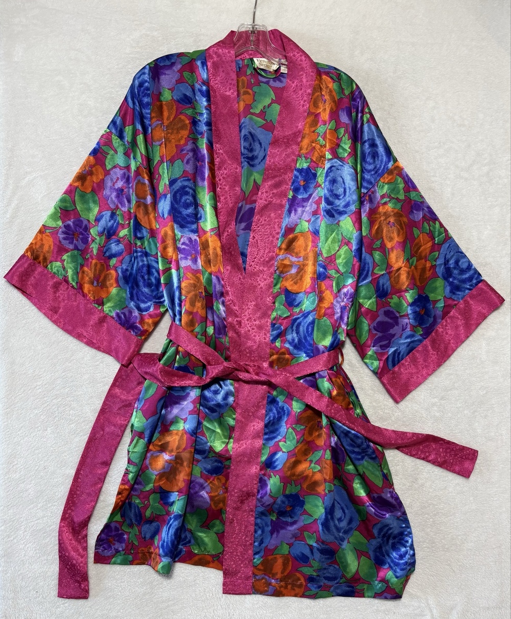 Victoria's Secret Robe Womens One Size Multicolor Floral Satin Kimono Sleepwear
